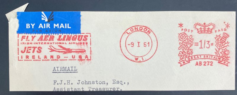 1961 London England First flight Meter cancel piece airmail Cover to Usa