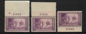 1934 Wisconsin Tercentenary 3c purple Sc 739 MNH matched plate numbers 21245 (C