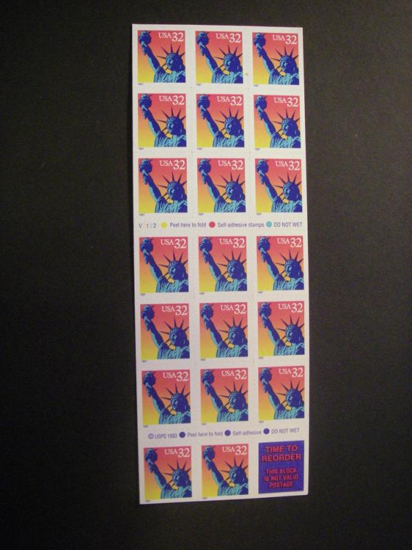 Scott 3122a, 32c Statue of Liberty, Pane of 20, #V2122, Stamps Etc backing, MNH