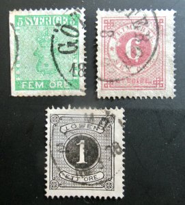 Sweden 1858-1874 Stamps #6, 20 & J1 Used CV $100+