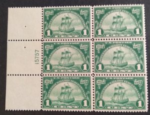 U.S.#614 Ship Nieu Netherland 1c Plate Block of 4, MNH. 'VF' Minor perf tears.