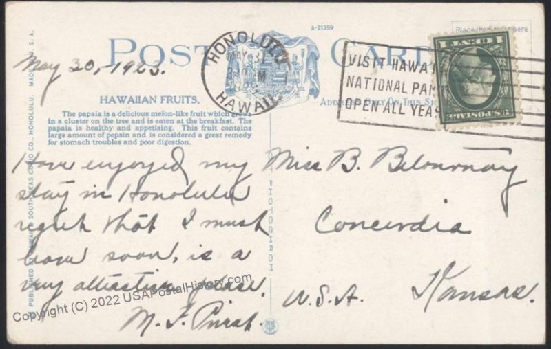 Hawaii USA 1923 Used Postcard Territory Territorial Cover 109044