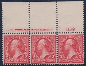 279B F/VF OG NH, plate strip of 3, good color gg0009