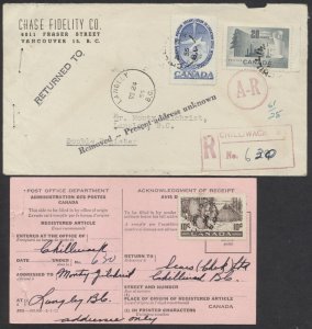 1955 Registered Cover With A-R Card Returned Chilliwack to Langley BC