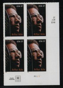 2005 Arthur Ashe tennis player Sc 3936 MNH 37c mint plate block of 4 LR 