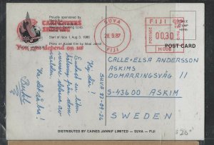 FIJI ISLANDS  COVER  (P1803B) 1987  QEII   METER 30C ON PPC TO SWEDEN 