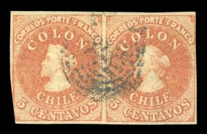 CHILE 1857 COLUMBUS  5c dull brown (Canela) Scott # 9c used PAIR VF pos.152+153