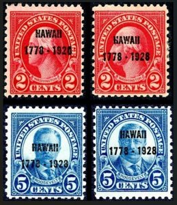 US Scott 647 & 648 – Hawaii 1778–1928 Overprints – 4 Stamp Lot – Used Hinged