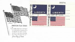 1968 FDC, #1345, 6c Historic Flags, Artmaster, plate block of 4