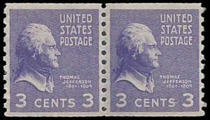 PCBstamps  US # 842 Coil Pair 6c(2x3c)Thomas Jefferson, 1939, MNH, (PCB-4)