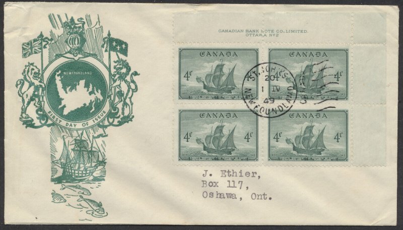 1949 #282 Newfoundland FDC Plate Block Green Jacobi Cachet St John's Duplex