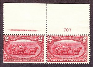 US 286 2c Trans-Mississippi Mint Plate #707 Top Pair F-VF OG NH SCV $160