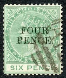 St Kitts-Nevis SG22a 5d on 6d Green with dot after Pence Cat 50 pounds