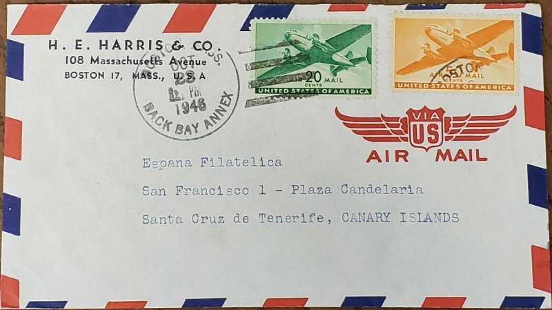 US 1946 H. E. Harris Stamp Dealee Cover To Canary Islands Spain