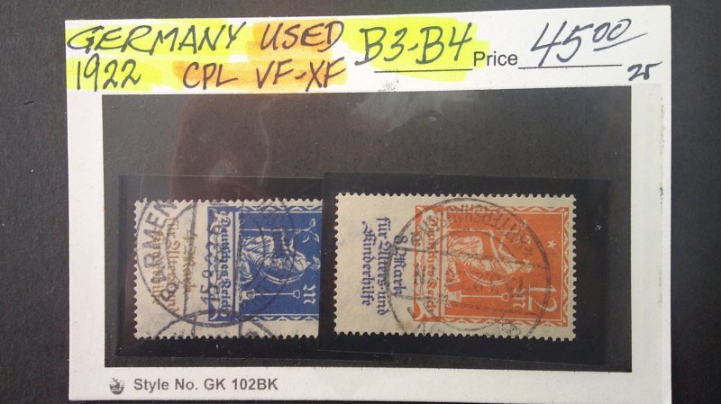 Germany 1922 Semi-Postal Scott# B3-B4 USED Complete VF-XF Circular Cancels