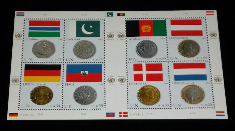 U.N.VIENNA #387, 2006, FLAG AND COIN, SHEET OF 8 , MNH,  NICE!! LQQK!!!