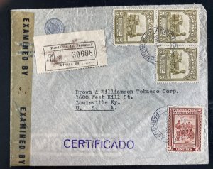 1945 Paraguay Registered Censored airmail cover To Louisville KY Usa