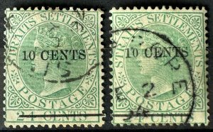 MALAYA 1897 STRAITS SETTLEMENTS QV 2V 10c on 24c Varieties Used SG#86&86a M4773