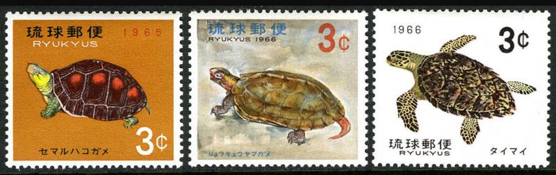 Ryukyu 136-138, MNH. Turtles. Chinese Box, Hawksbill, Asian terrapin, 1965-1966