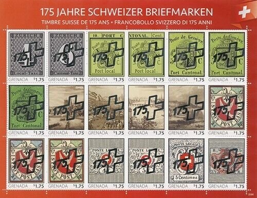 Grenada 2020 - Swiss Postage History - Silver Overprint Sheet of 18 Stamps - MNH