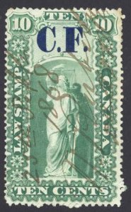 Canada Ontario Sc# OL2b Used blue overprint 1864 10c Law Stamp