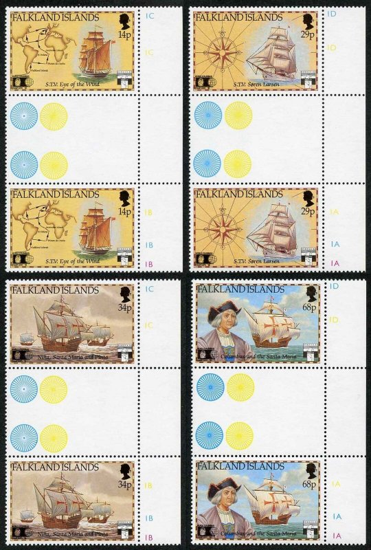 Falkland Is SG643-6 500th Anniversary of Columbus in GUTTER PAIRS U/M