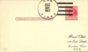 US POSTAL CARD 2c MAILED ABOARD U.S.S. FISKE AND RETURN CANCELLED NEW YORK 1952