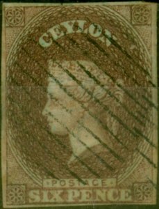 Ceylon 1857 6d Purple-Brown SG1 Blued Paper Fine Used stamp