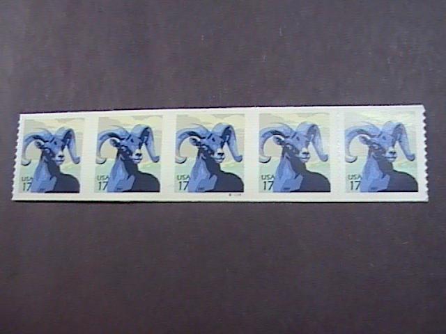 U.S.# 4140-MINT/NH-PLATE # COIL STRIP OF 5(S#111111)--BIGHORN SHEEP--2007