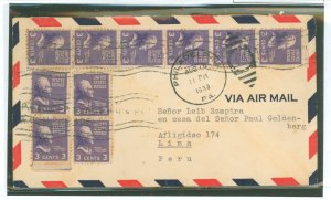 US 807 1939 Ten 3c Jefferson sheet stamps (presidential/prexy series) paid for the 30c per half ounce airmail rate to Peru.