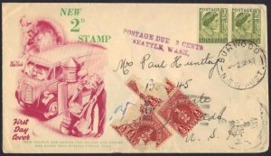 AUSTRALIA U.S. 1951 FDC OF NEW 2D STAMPS WITH POSTAGE DUE AT SEATTLE, WASHINGTON