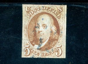 USAstamps Used VF US 1847 Franklin 1st Stamp Sct 1d With Blue Cancel