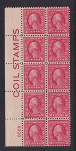 1914 Sc 425 2c MNH nice OG, COIL WASTE plate block of 10 (C1