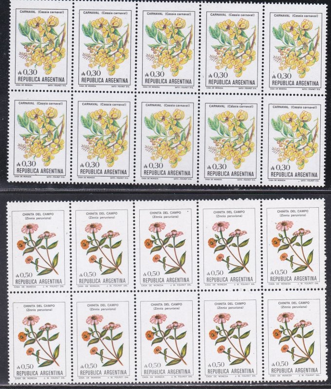 Argentina # 1522-1524 & 1526, Flower Stamps, Blocks of 10, Mint NH, 1/4 cat.