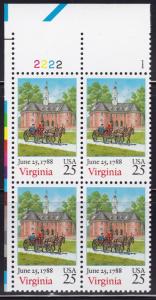 United States 1988 25c Virginia Statehoood Issue Plate Number Block VF/NH