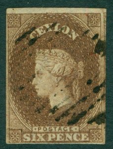 SG 6a Ceylon 1857-59. 6d brown. Very fine used. 4 close to large margins CAT£550