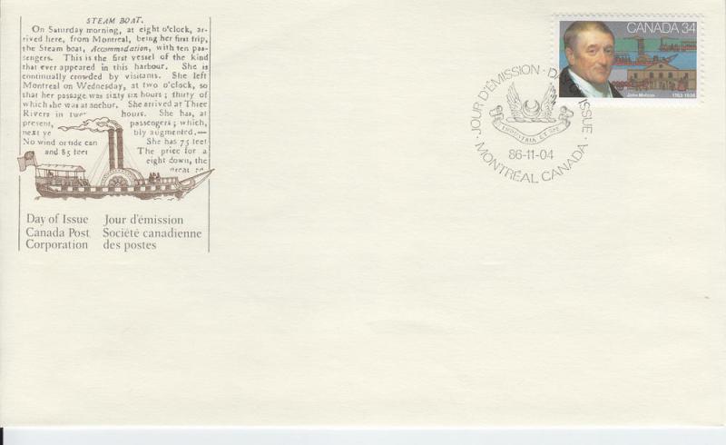 1986 Canada John Molson  (Scott 1117) FDC