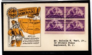 US 898 1940 3c Coronado's Discoveries in the Southwest (400th anniv) bl of 4 on an addressed (typed) FDC with a Linprint...