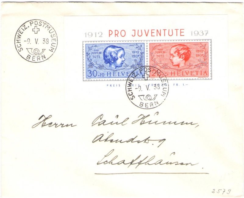 1937 SWITZERLAND, BF No. 3, Pro Juventute, Used sheet on envelope from Bern to S