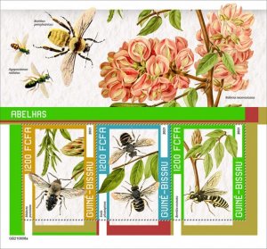 GUINEA BISSAU - 2021 - Bees - Perf 3v Sheet - Mint Never Hinged