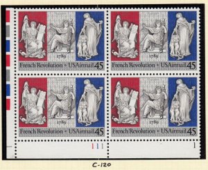 1989 French Revolution Bicentennial airmail 45c Sc C120 MNH plate block  Typical