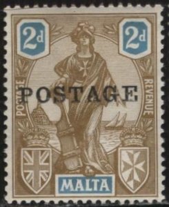 Malta 120 (mhr) 2p allegory of Malta, ol brn & turq, ovptd “POSTAGE” (1926)