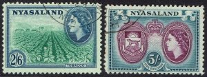 NYASALAND 1953 QEII PICTORIAL 2/6 AND 5/- USED