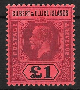 GILBERT & ELLICE IS. SG24 1924 £1 PURPLE & BLACK ON RED MTD MINT (r)