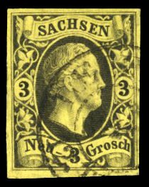 German States, Saxony #8 (Mi. 6) Cat€40, 1851 3ng black on yellow, used, ma...