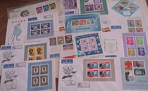 GHANA 13 DIFF.  FDC SHEETLETS 1959-1967 CACHET ADDRESSED