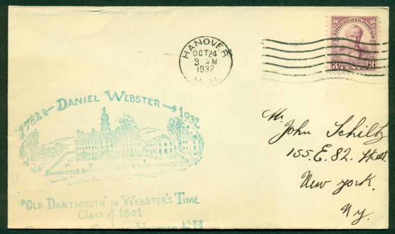 SCOTT # 725 FDC, DARTMOUTH COL. CACHET, SCRIPT ADDRESS, HANOVER, NH, GREAT PRICE