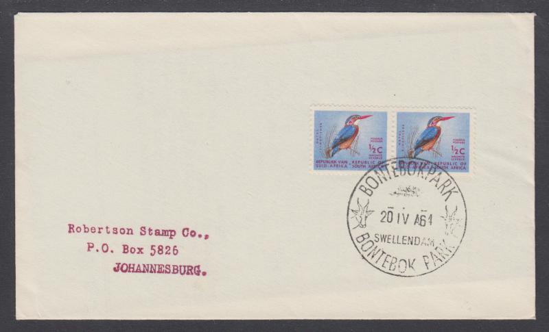 South Africa Sc 254, ½c Natal Kingfisher pair on 1964 BONTEBOK PARK cover