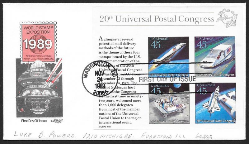 UNITED STATES FDC 45¢ Universal Postal Congress SOUVENIR SHEET 1989 Artmaster