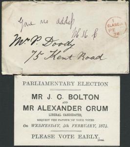 GB SCOTLAND 1874 cover Glasgow cds in red and Election notice..............39845